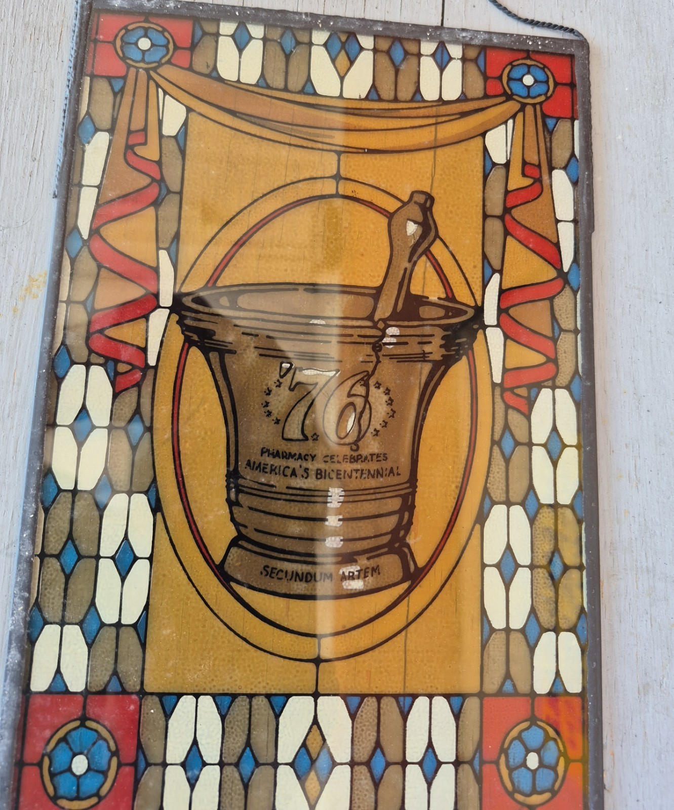 4 Stain Glass Panels Schering Pharmacy Rx Ad Premium USA Bicentennial 1976 VTG