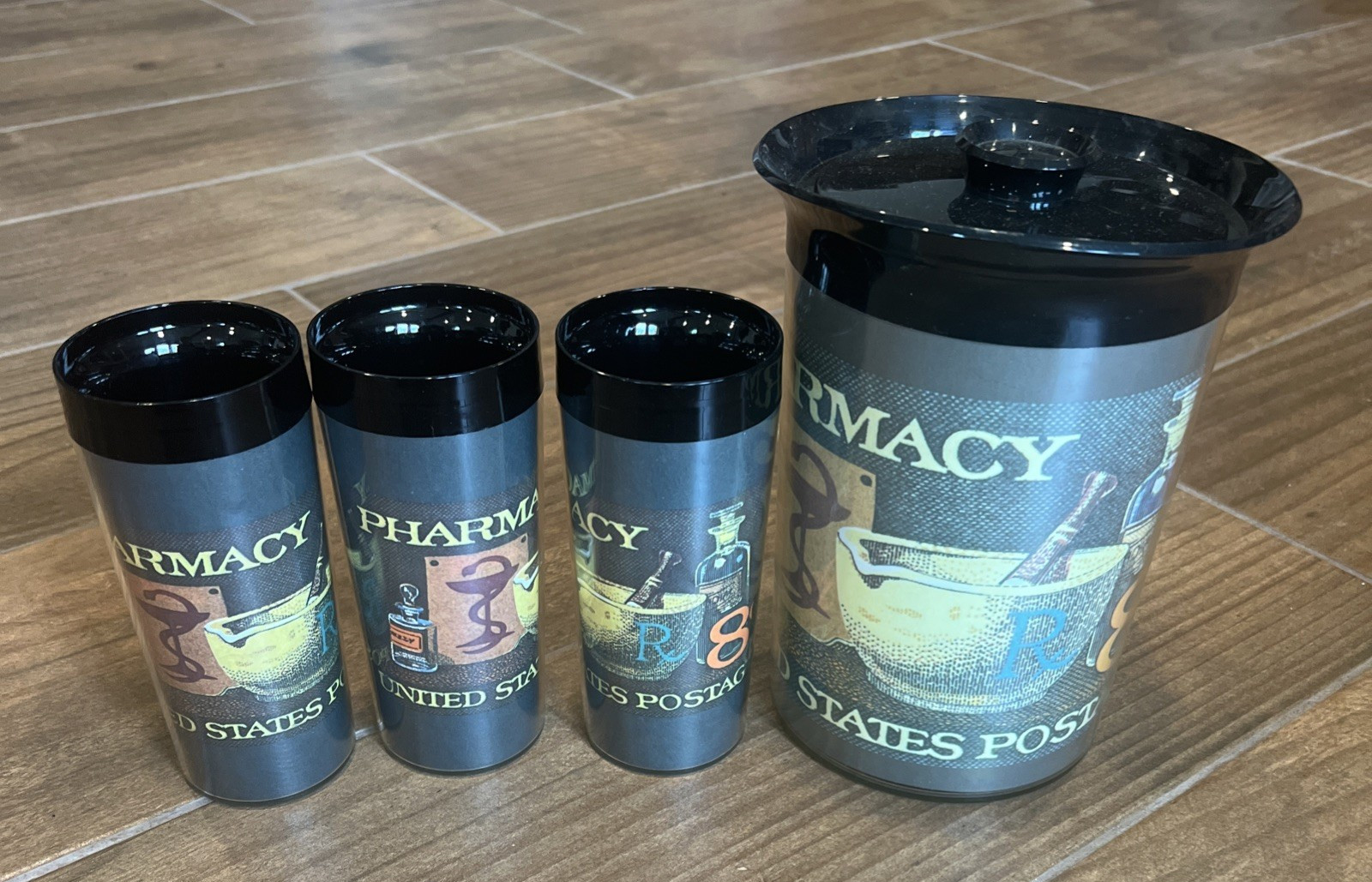 Thermo Serv Pharmacy Pitcher & 3 tumblers Postage Stamp vintage Made in USA