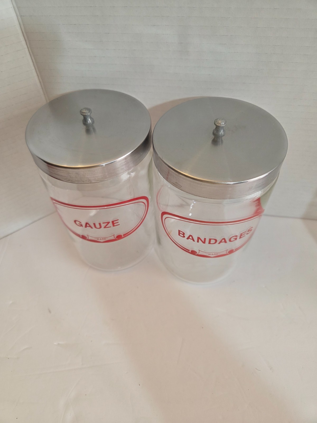 2 Vintage 7″ Grafco Glass & Steel Medical Apothecary Containers Gauze / Bandages