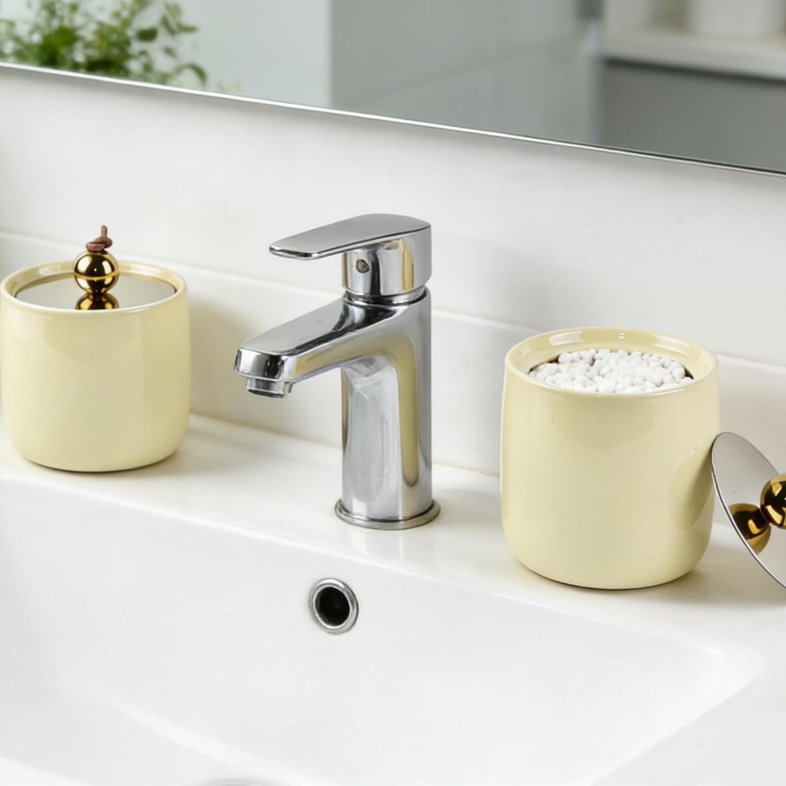 Ceramic Qtip Holder Dispenser with Gold Lids 2 Pack, Yellow Apothecary Jars B…