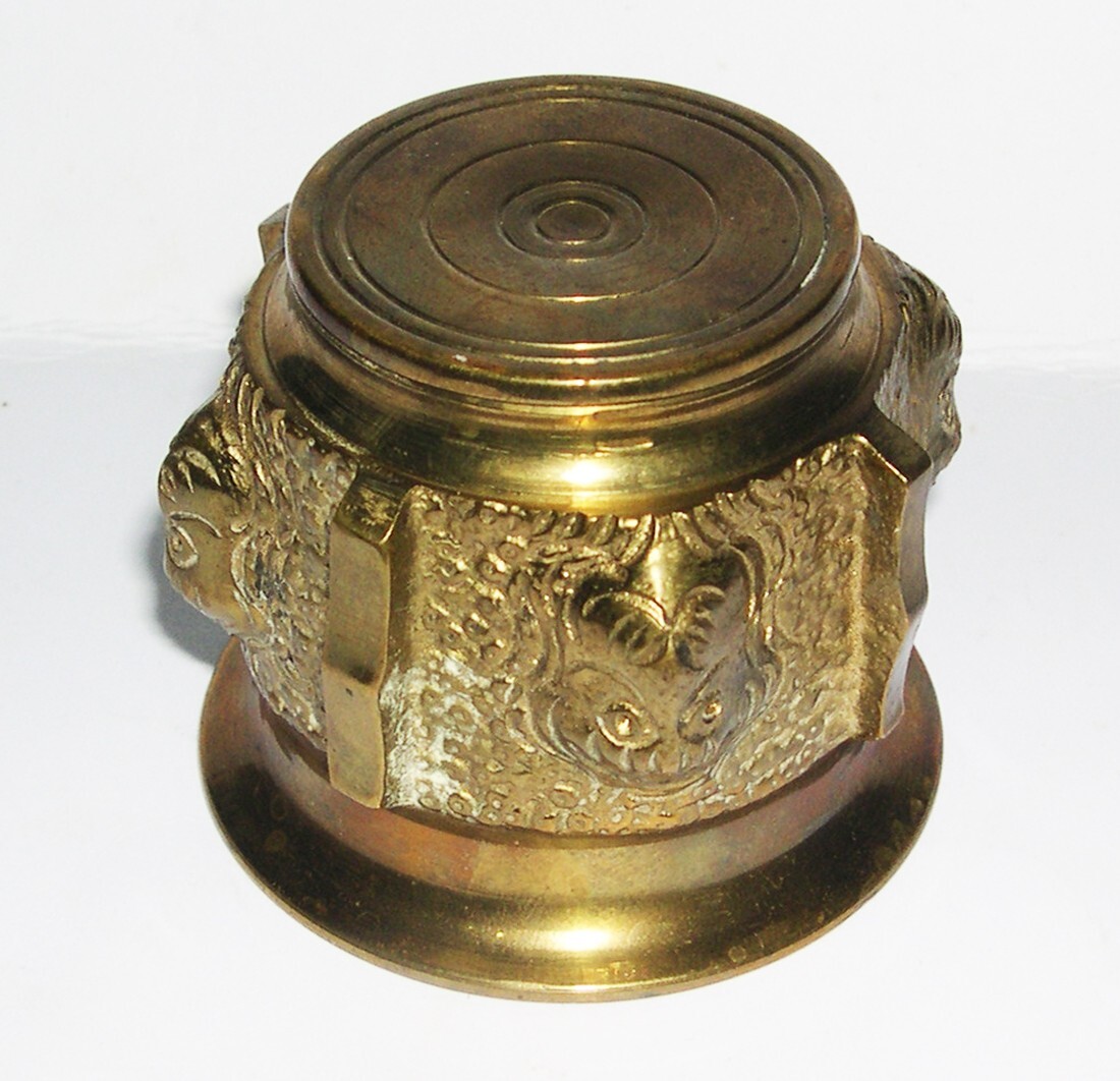 Vintage Decorative Brass /Bronze? Mortar & Pestle Five Lion Face Relief Design