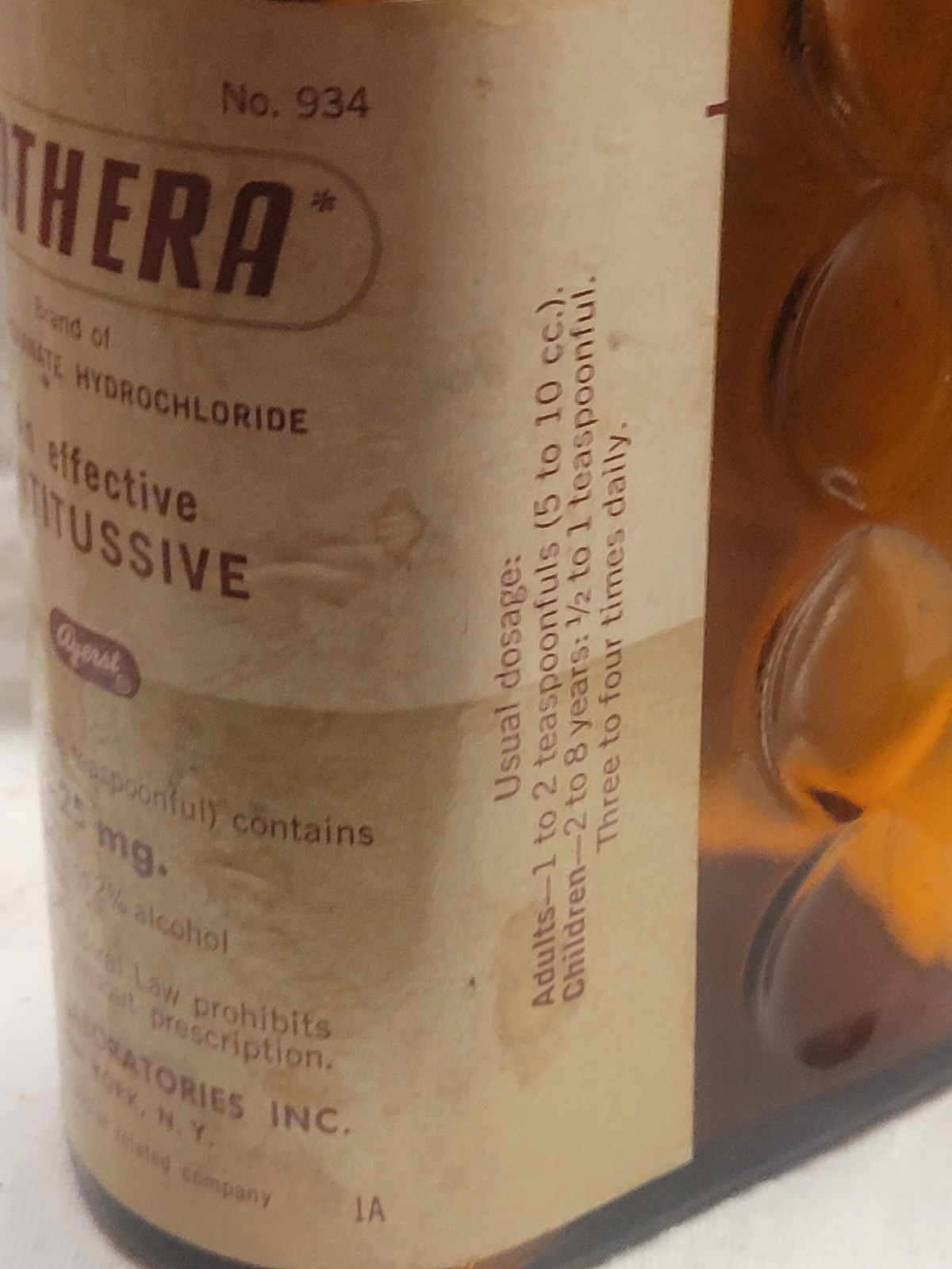 Large Empty Vintage Cothera Cough Syrup Bottle by Ayerst w Original Label