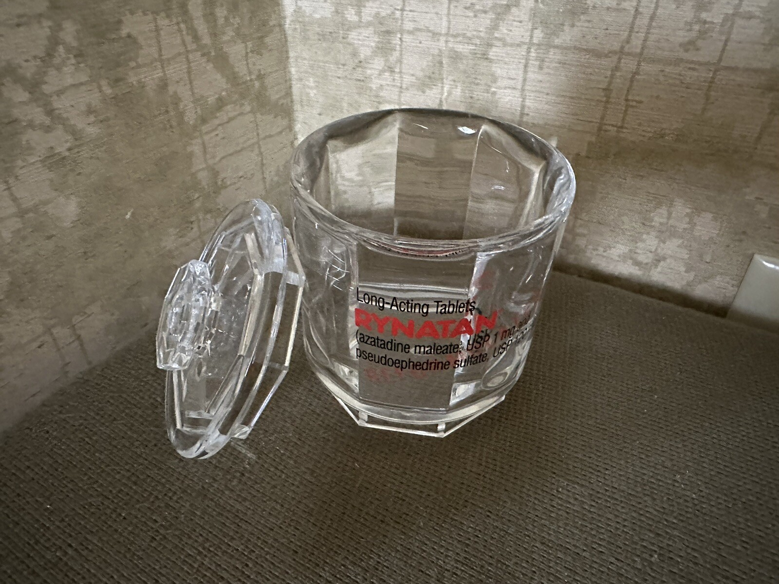 Vintage Ryatan Clear Acrylic Storage Container Drug Rep Ad 4.5” Tall