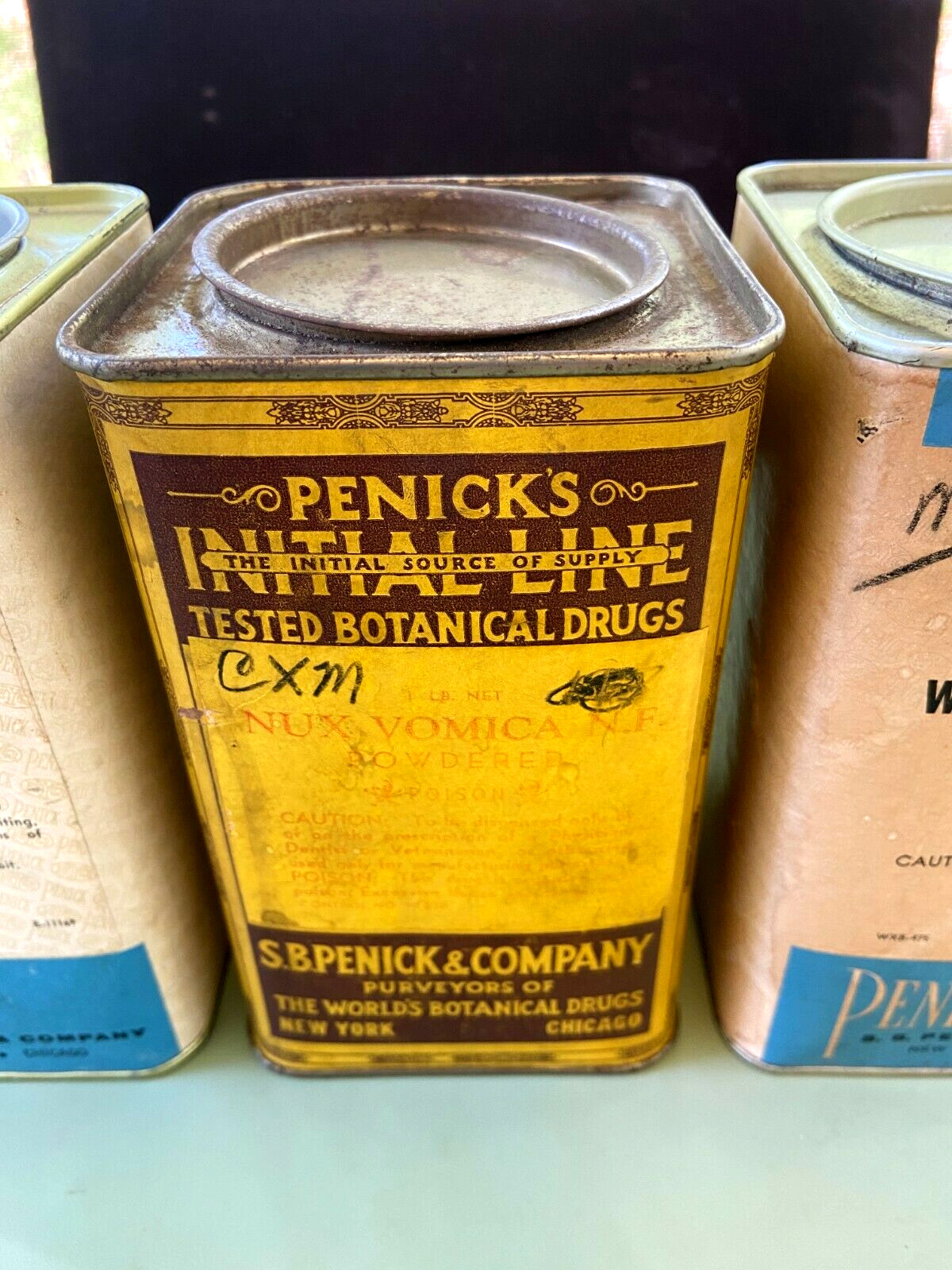 3 VINTAGE PENICK TIN CARDBOARD MEDICAL APOTHECARY PHARMACEUTICAL POWDER ALOES