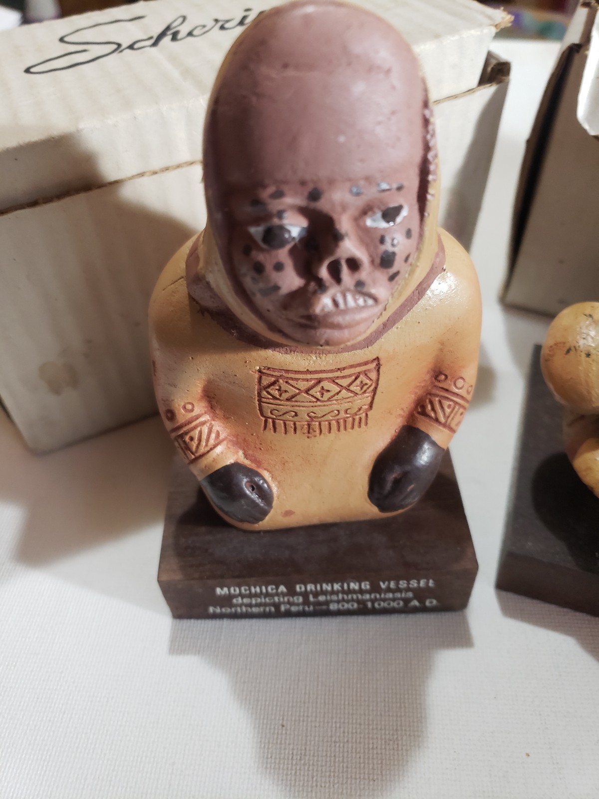 2 Pottery Mayan Figure Schering Pharmaceutical Figures Advertising 1960s w/Box