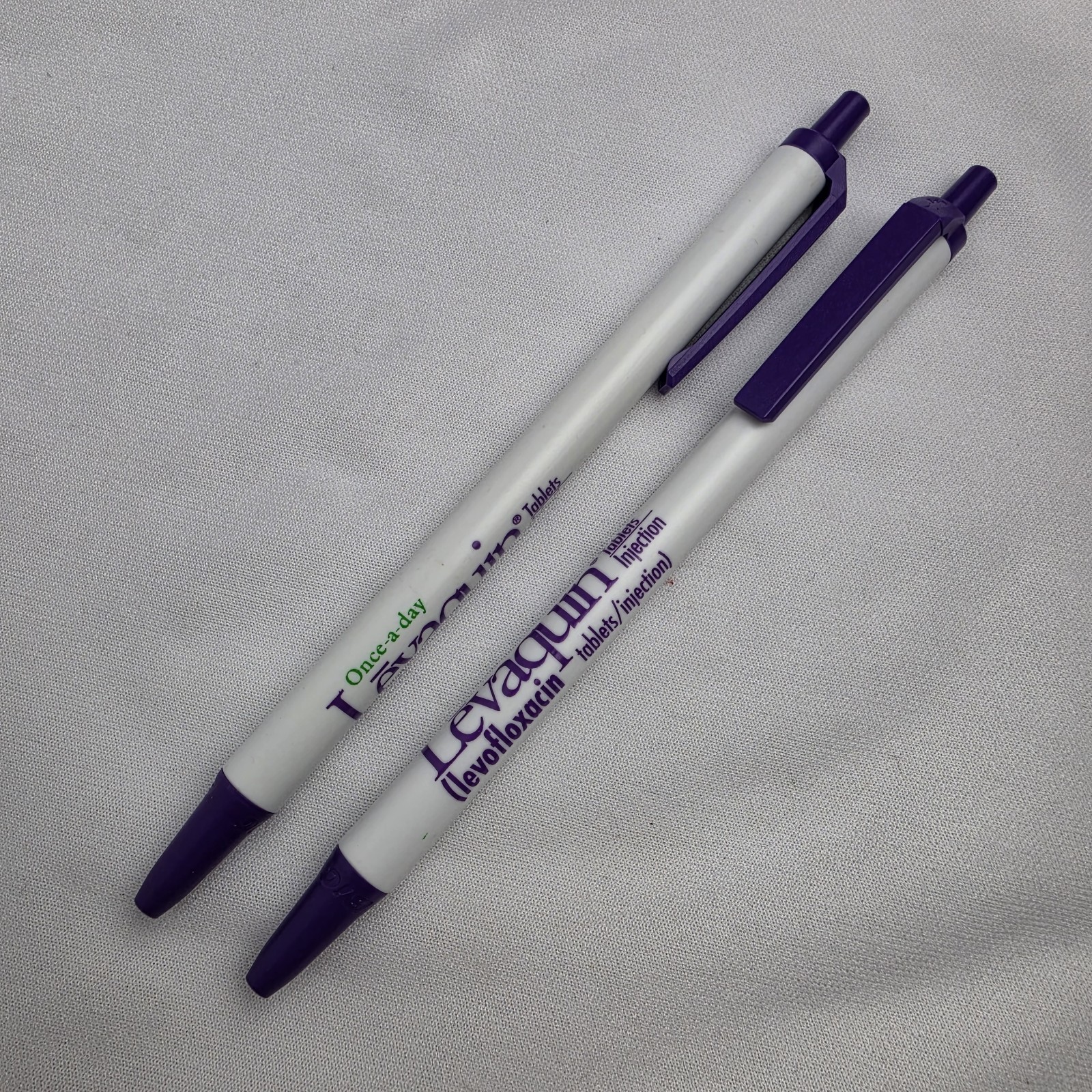 Lot of 2 Levaquin Medical Drug Rep Pharmaceutical Pens Working Purple White Bic