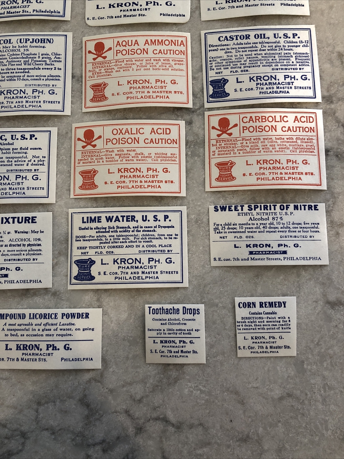Lot 24 Antique Medicine Bottle Labels Opium, Poison – L. Kron Ph. G. Phila.