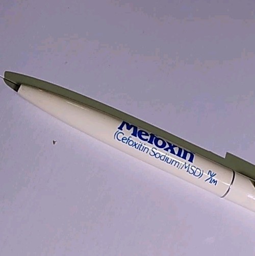 Vintage BIC CLIC MEFOXIN Drug Promotional Ballpoint Click Pen Ad blue white USA
