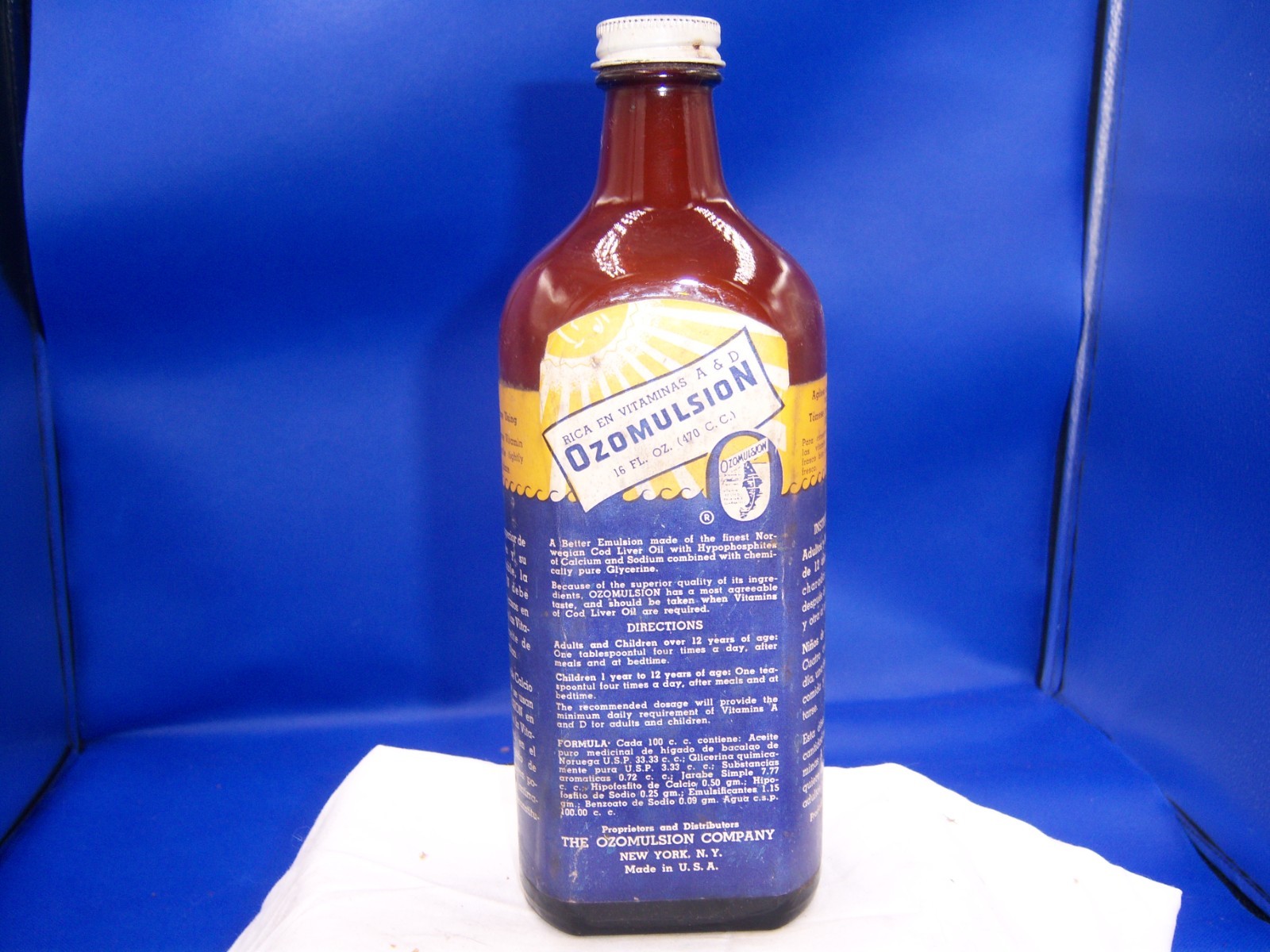 1940’s Ozomulsion Company New York, NY 8 5/8″ Amber Medicine Labeled Bottle