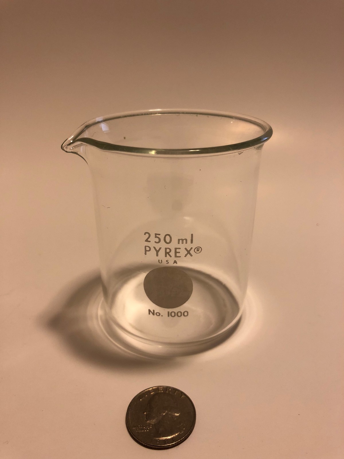 Pyrex Glass Beaker, 250 ml, 2-5/8-inch outside diameter, used.