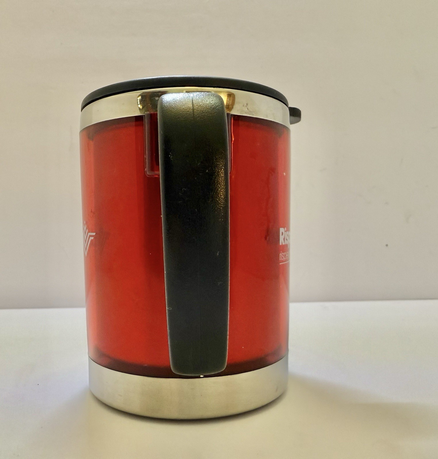 RARE Pharma Drug Rep Red Risperdal Coffee Mug & Lid To Go Cup Plastic & metal