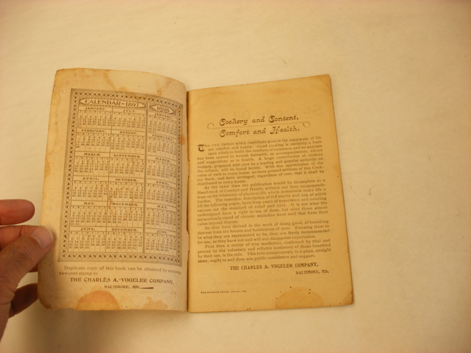 Vtg 1897 Medical Cure Pharmacy Chas. A. Vogeler Co. St. Jacobs Oil Cookbook