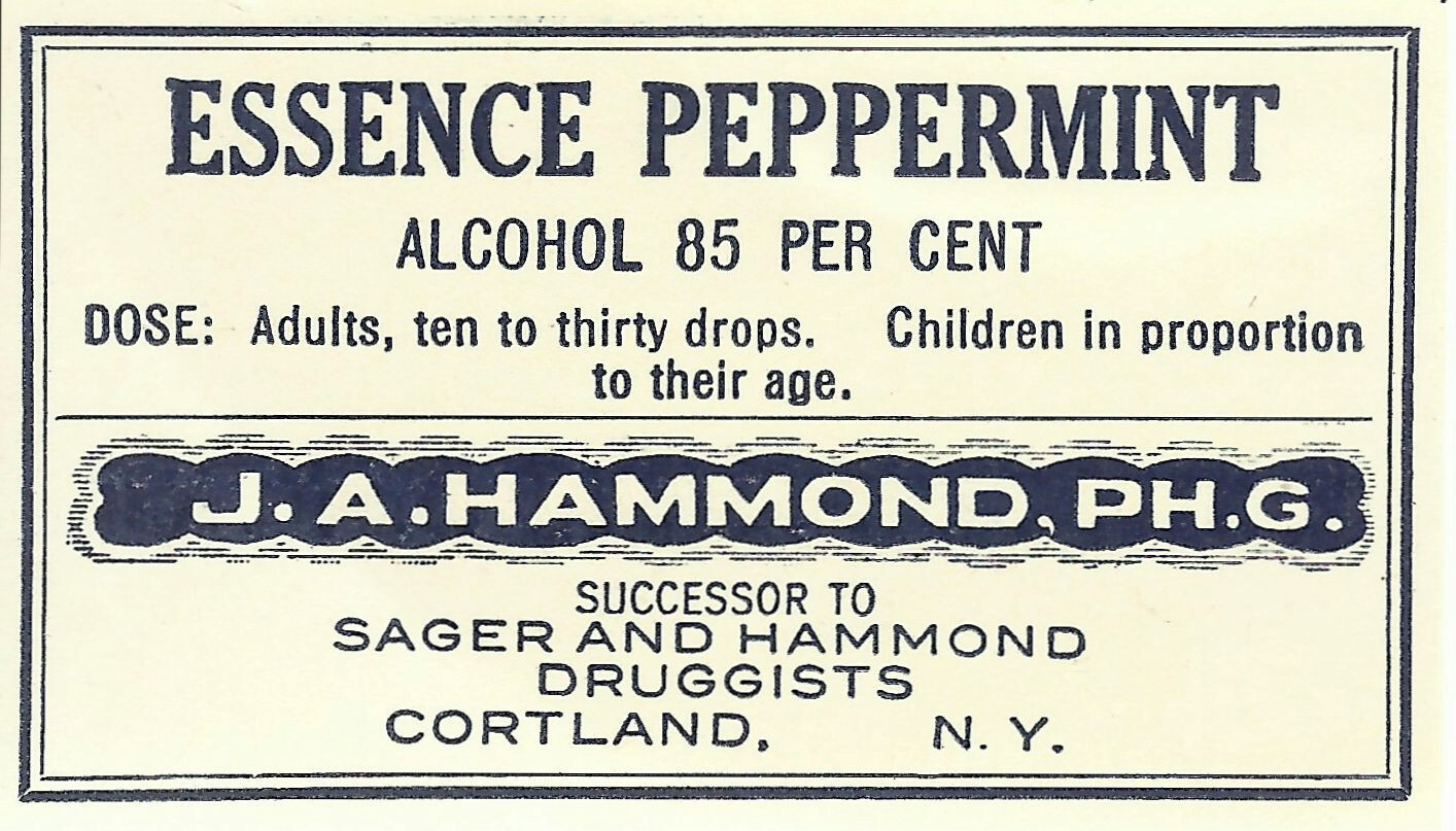 Vintage Pharmacy Label ESSENCE PEPPERMINT J.A. Hammond Cortland New York