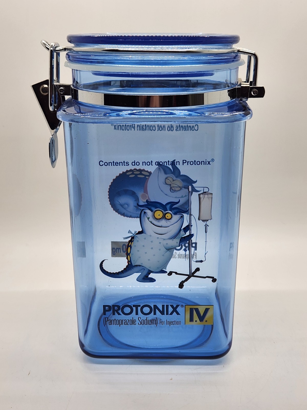Vintage Pharmaceutical Drug Rep Protonix IV Clear Blue Plastic Canister Jar