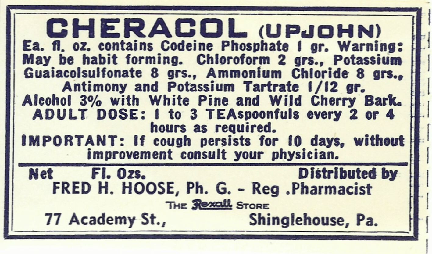 Vintage Pharmacy Label CHERACOL (UPJOHN) Fred Hoose Rexall Store Shinglehouse PA