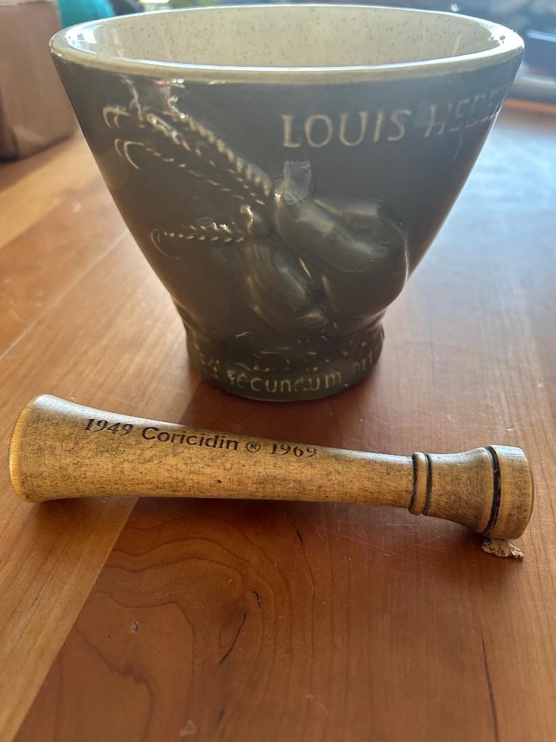 Vtg Schering Louis Hebert Ceramic Mortar & Wood Pestle Apothecary Pharma 1969