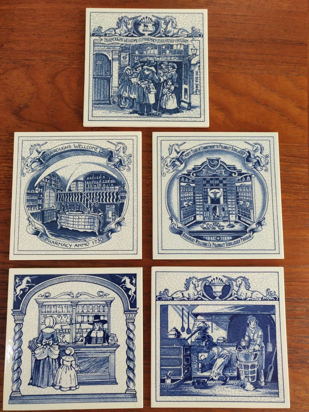 Vintage Lot of 5 Delft, Holland handmade porcelain pharmacy pill tiles