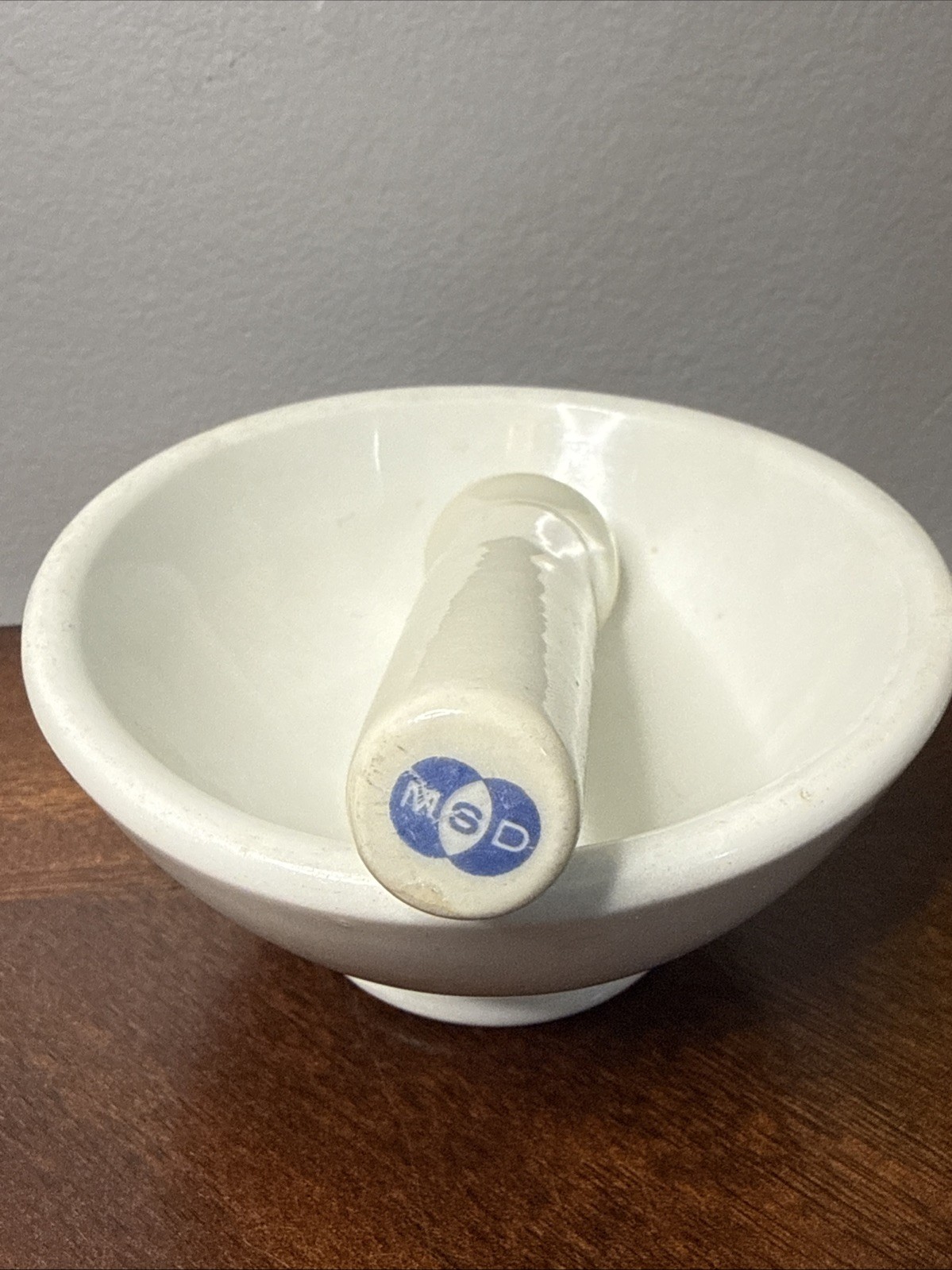 Vintage MSD Merck Sharp & Dohme Ceramic Pharmaceutical Mortar And Pestle 4.5” D