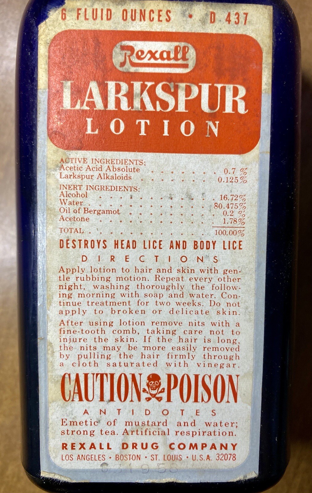 Vintage Rexall Drug Co Larkspur Lotion w/ Box POISON Hazel Atlas Blue Bottle
