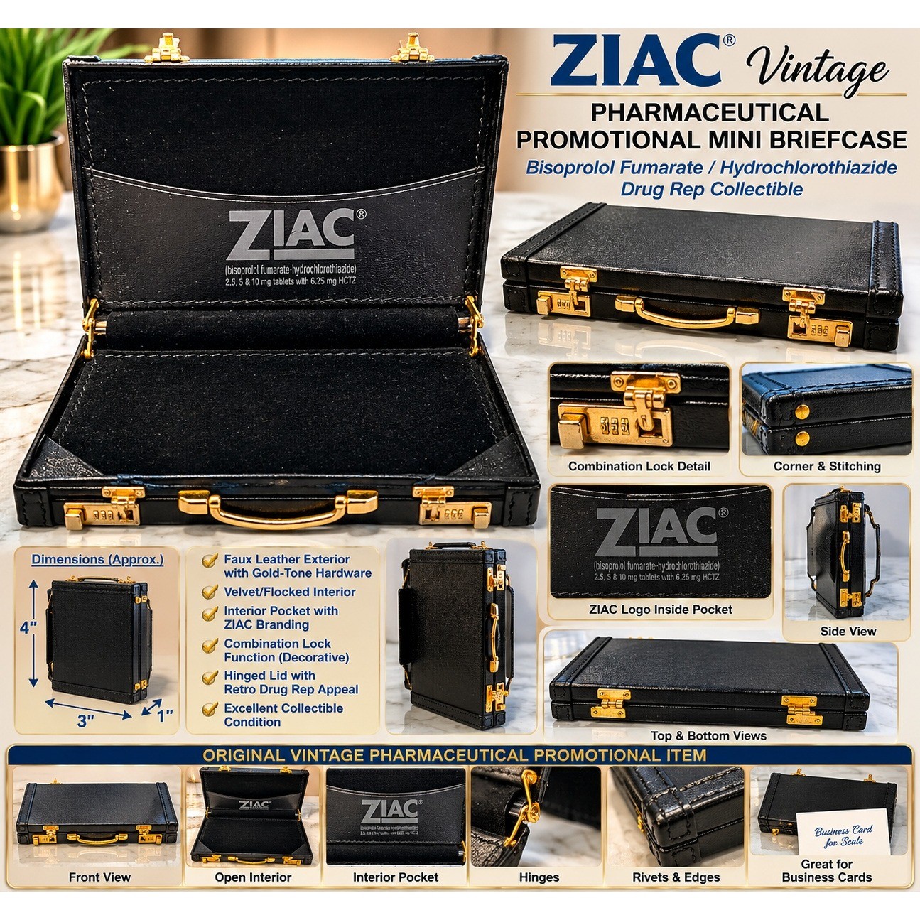 Vintage ZIAC Pharma Rep Miniature Briefcase Business Card Holder Black Gold Case