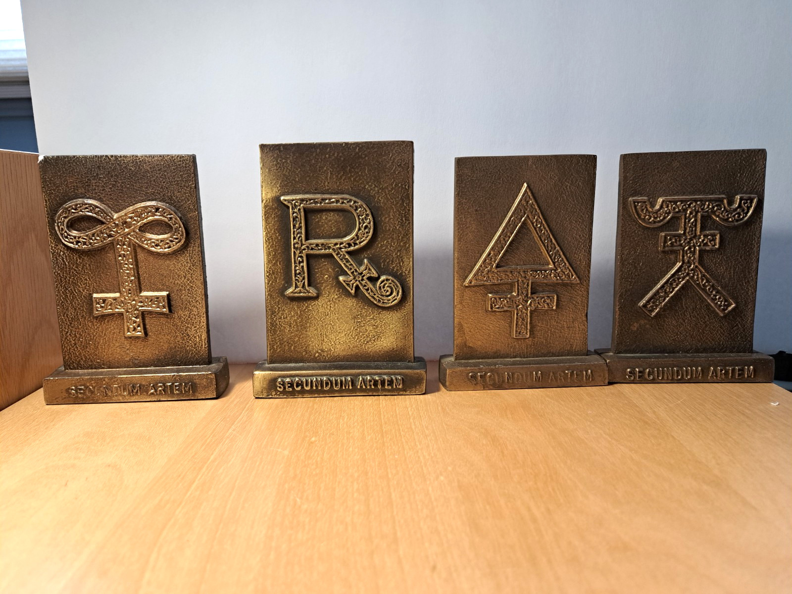 Lot of 4-Vintage Tinactin Secundum Artem 1976, ’79, ’80 & ’81 Brass Paperweight