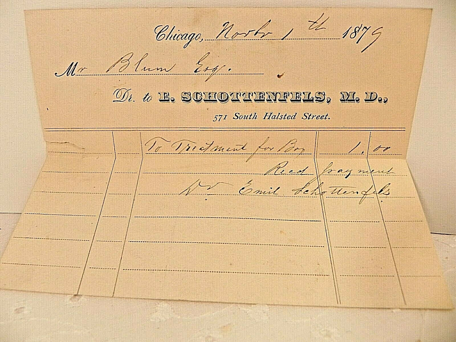 Antique 1879 receipt note paper Chicago IL Dr. E. Schottenfels ephemera