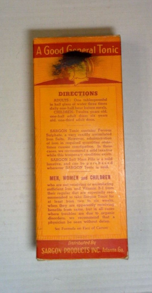 1940’s Drug Store Pharmacy SARGON TONIC Clear Glass Bottle in Original Box