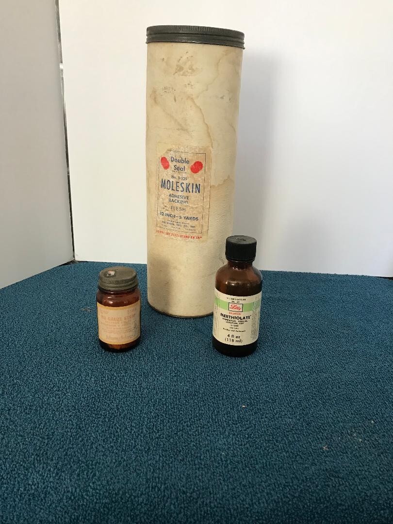 Vintage Eli Lilly Merthiolate brown bottle, Nu Gauze strips & Moleskin paper tin