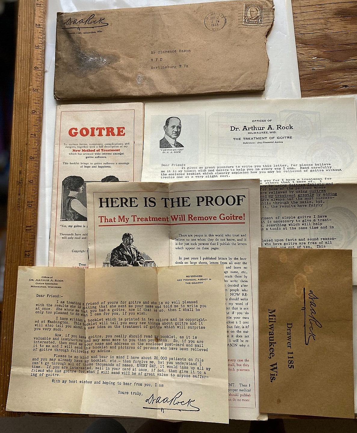 1932 Sales Literature for Goitre Cure. Dr. Arthur Rock, Milwaukee, Wisconsin.