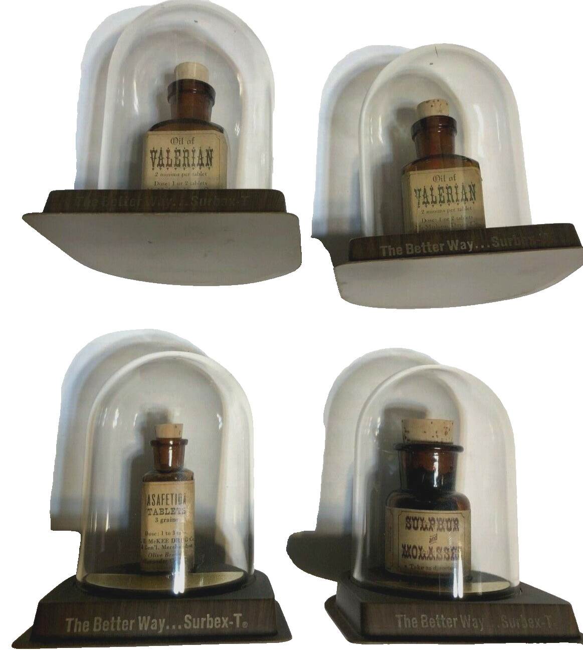 Set Of 4 Pharmaceutical Medicine Bottles Advertising Surbex -T Oil Of Valerian