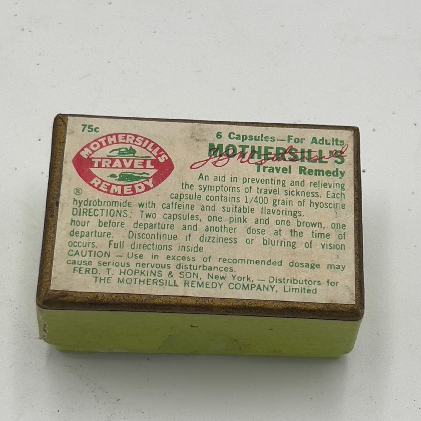 Vintage MOTHERSILL’S Seasick Remedy for adults Medicine box 1930’s