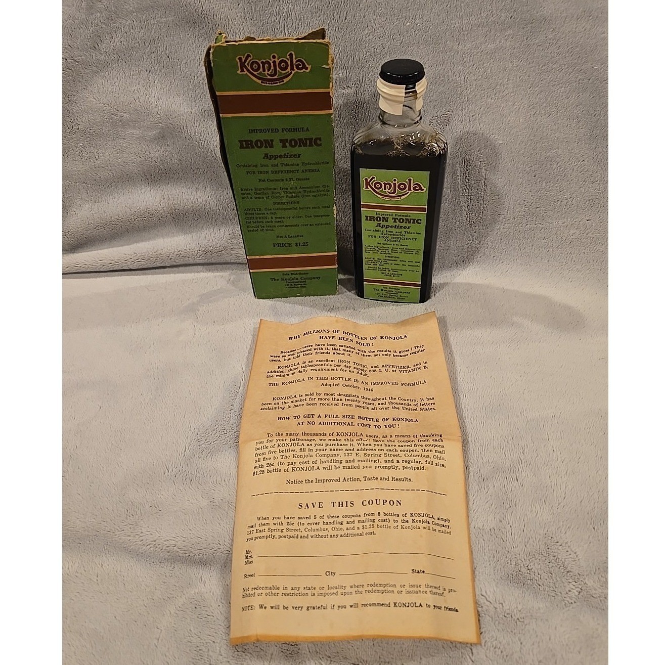 Vintage 1946 Konjola Iron Tonic Appetizer Bottle with Original Box and Insert