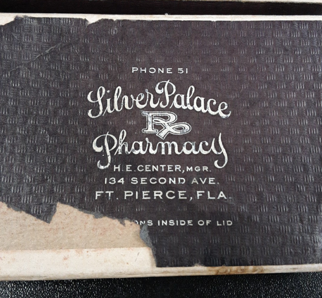 1928 Prescription 3″ Hinged Cardboard Box Silver Palace Pharmacy “Phone 51”