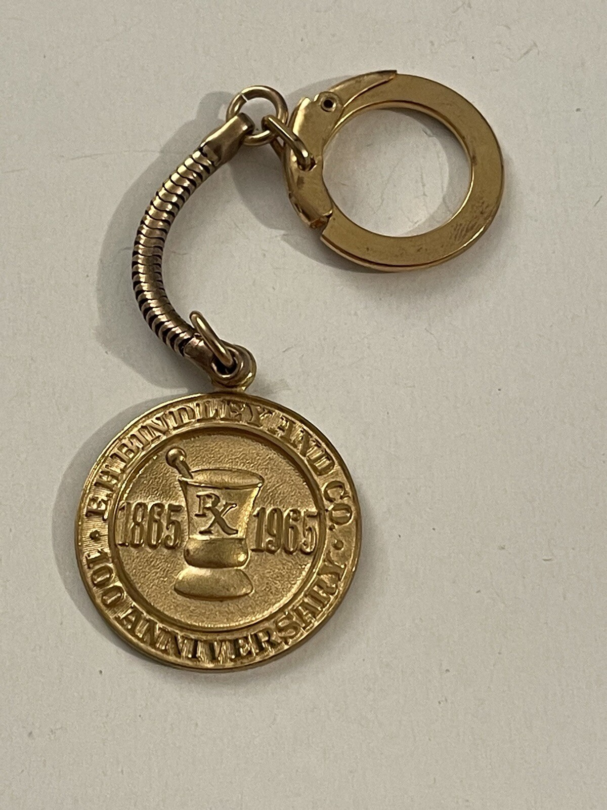 Vintage EH Binley Pharmaceutical RX 1965 Keychain 100th Anniversary PB34G
