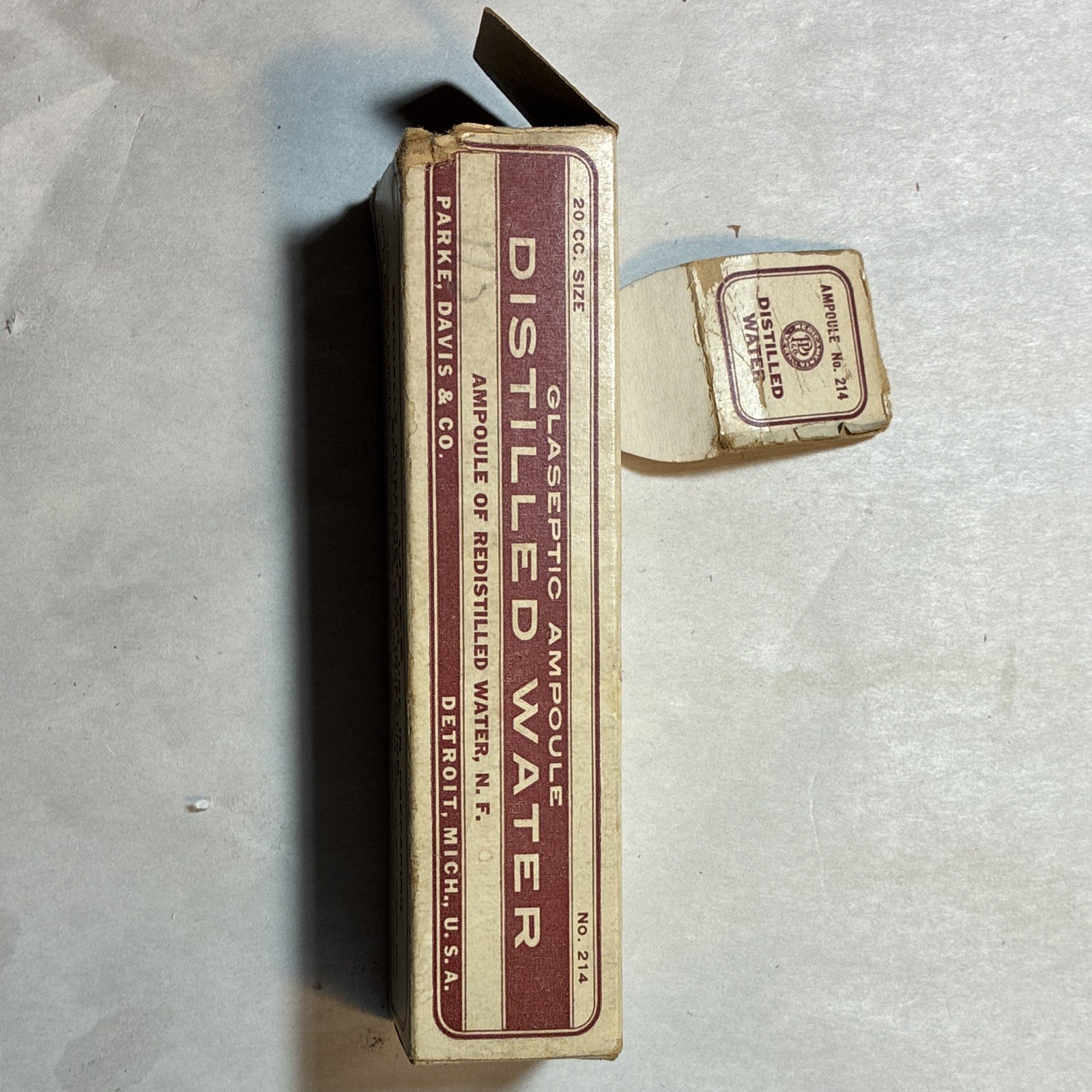Parke Davis & Co. Distilled Water Glassptic Glass Ampoule 20cc in Box 1935