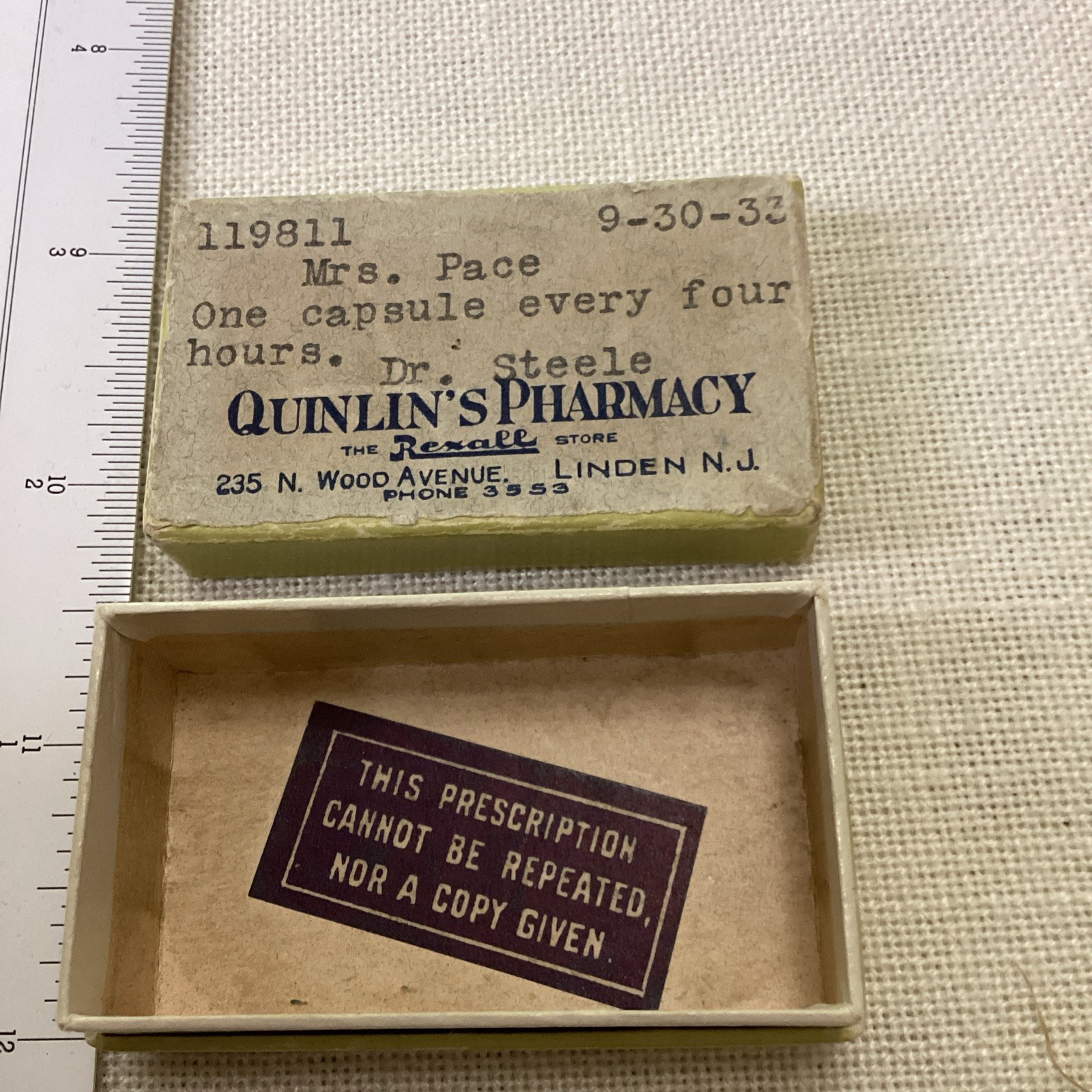 2 VINTAGE 1930’s PRESCRIPTION CARDBOARD PILL BOX PHARMACY Linden NJ