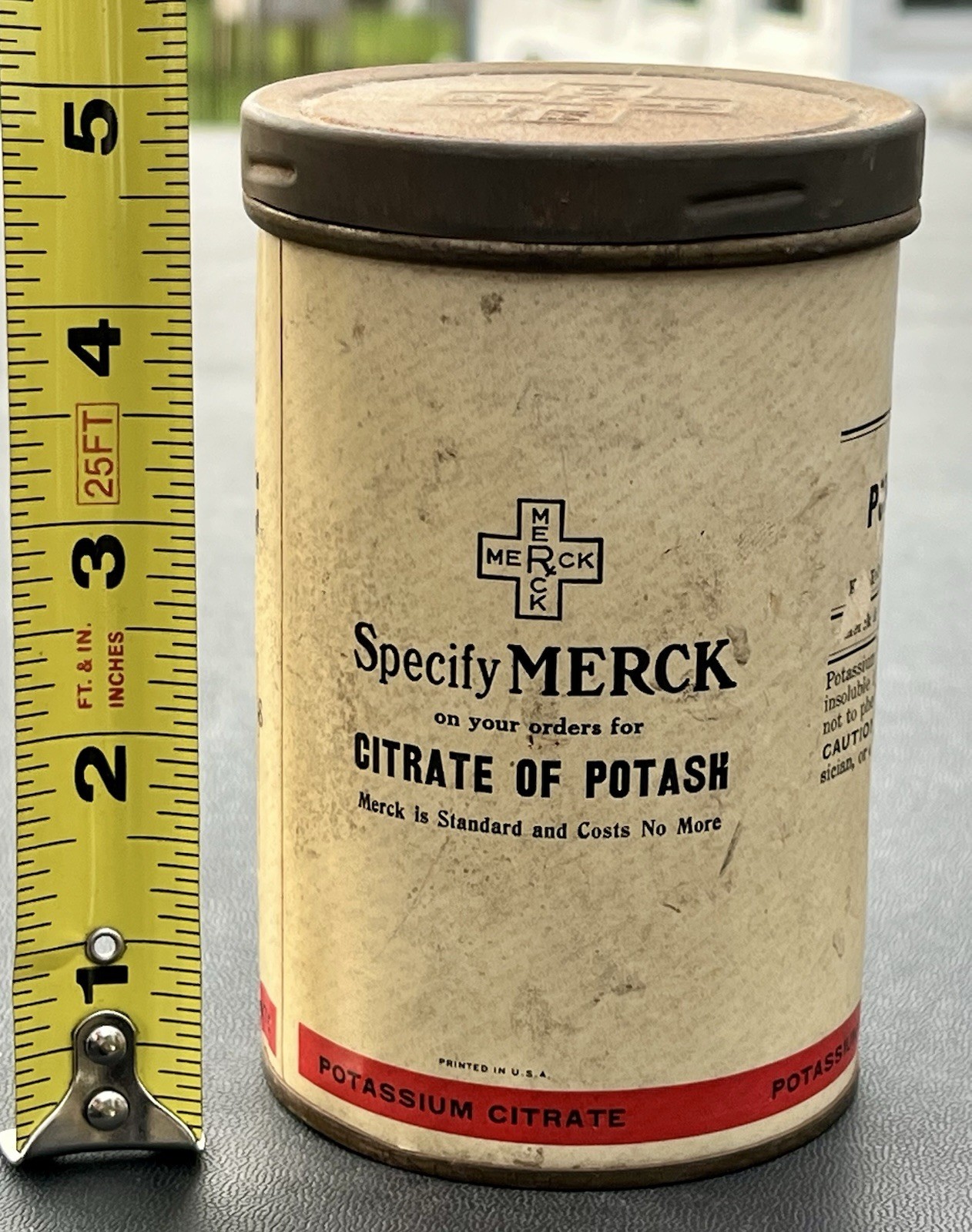 Antique Pharmaceutical “Specify Merck” CITRATE OF POTASH 5″ Paper & Metal Can