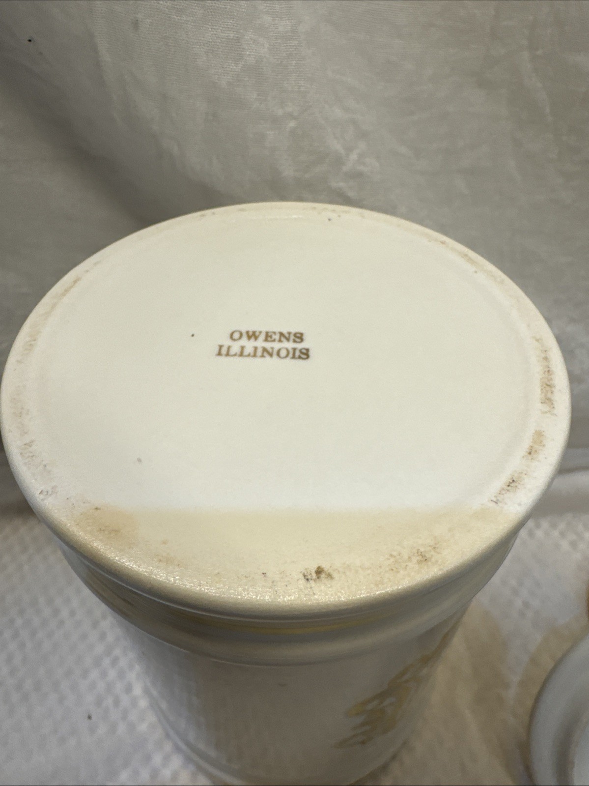 Vintage Pharmacy EXT OPii Canister Jar w/ Lid-Cream & Gold Trim-Owens Glass IL