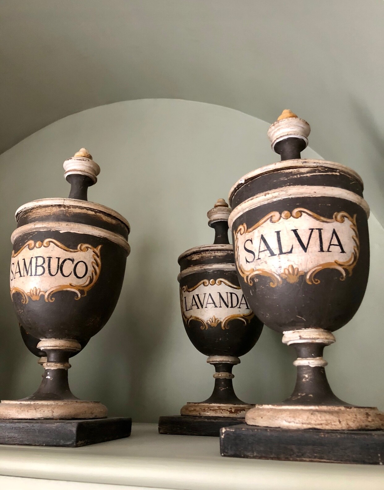 1x large highly decorative antique black hand painted apothecary urns jars paint