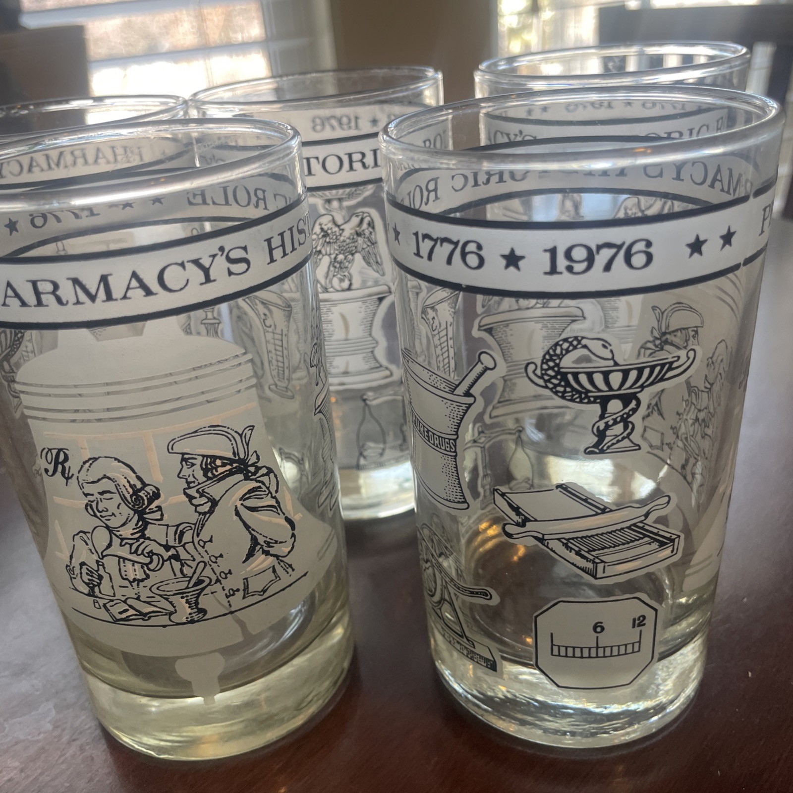 5 Libby MCM Pharmacy’s Historic Role 1776-1976 Glasses 5-5”