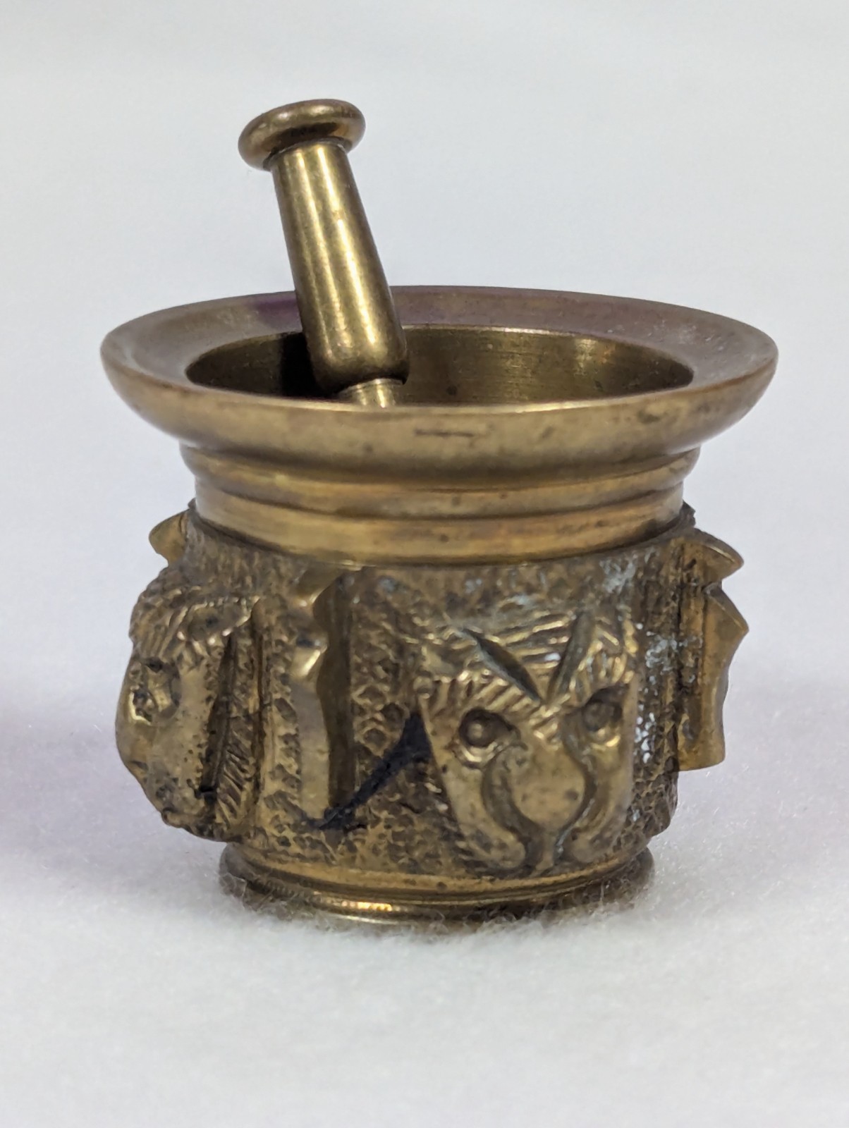 Vintage Brass Lion Head Mortar & Pestle Apothecary ~ Small 2″ 5 oz. Collectible
