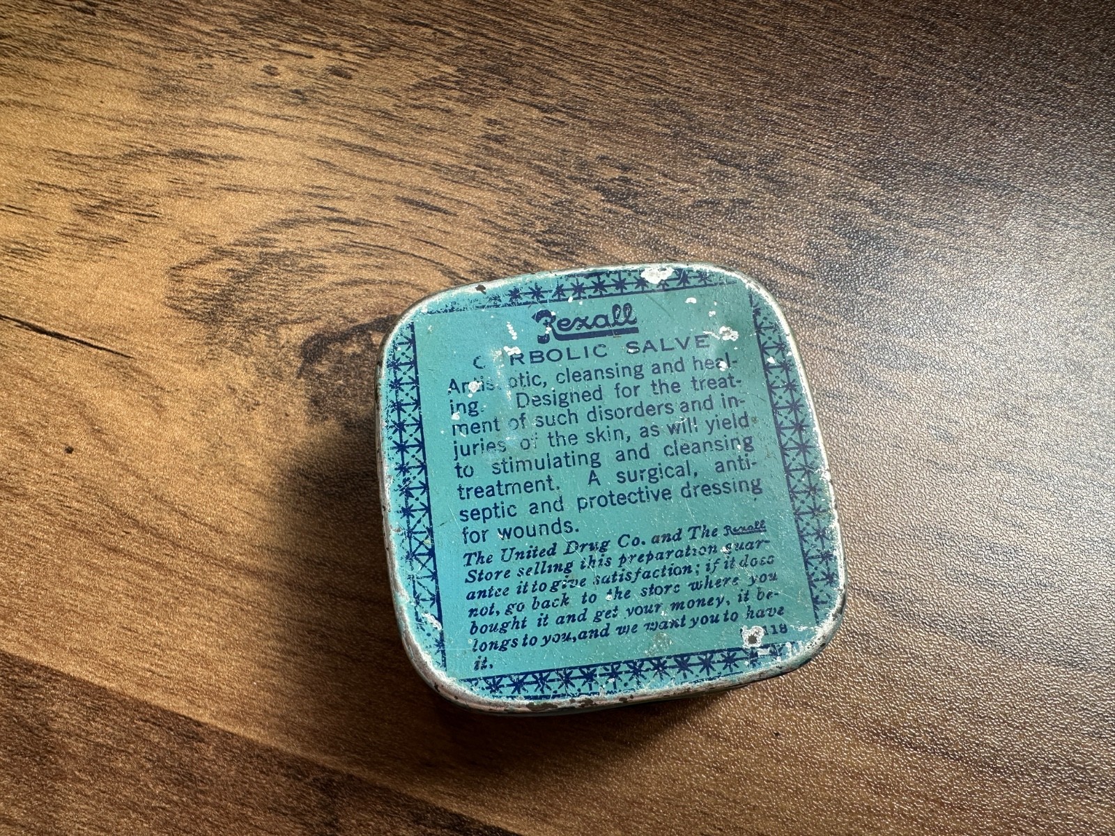 Vintage Pharmacy Decor Rexall Carbolic Salve In Square Tin Blue Made in USA