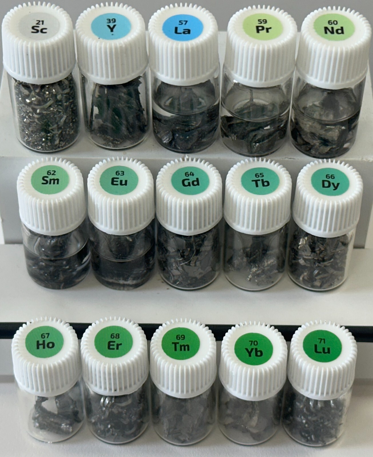 RARE EARTH Metals Set in Labeled Glass Vials, 99.9% 2 Grams Scandium Lutetium