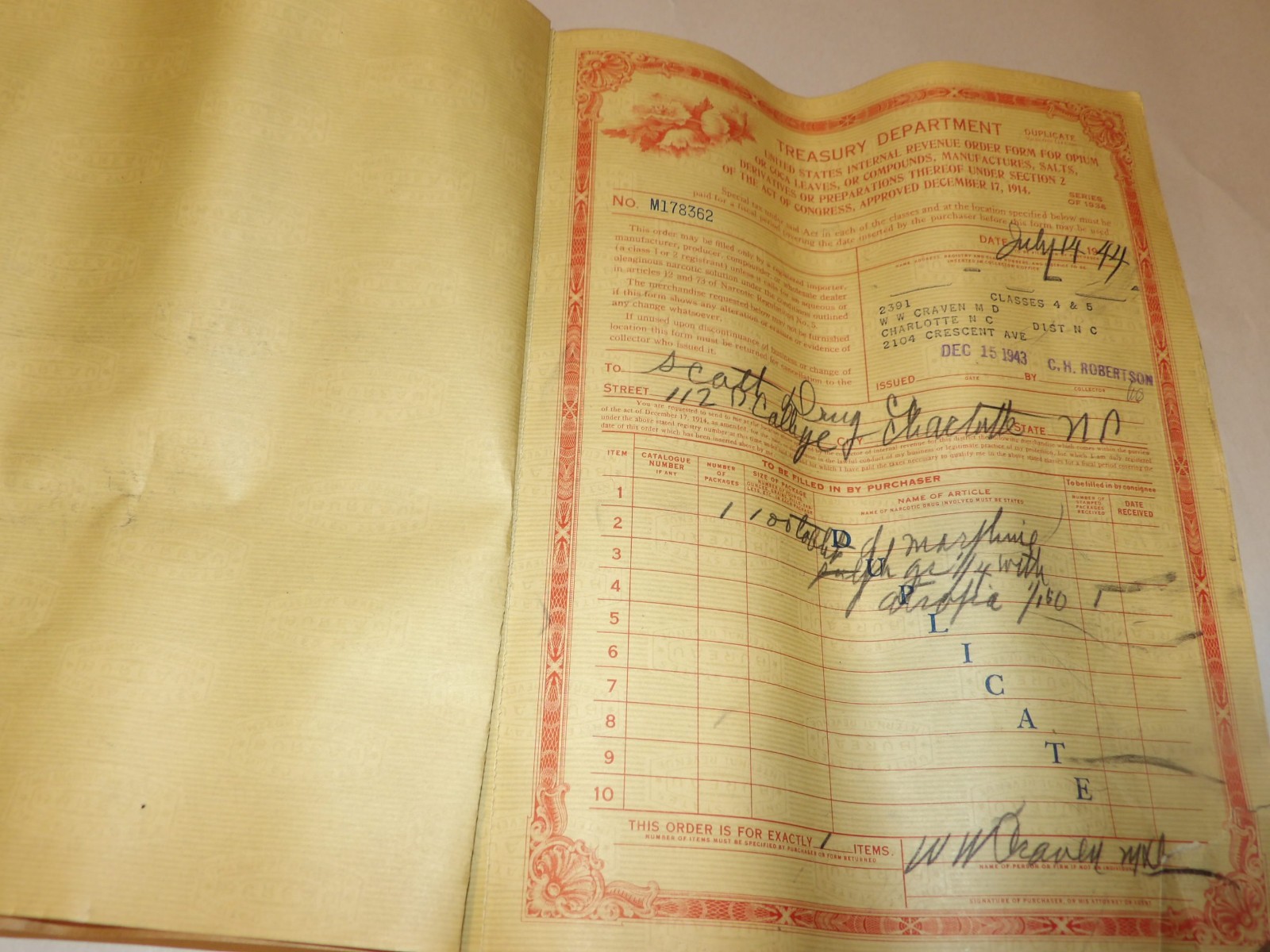 VINTAGE 1936 IRS ORDER FORMS FOR OPIUM, COCA LEAVES! USED! 10 PAGE BOOKLET!