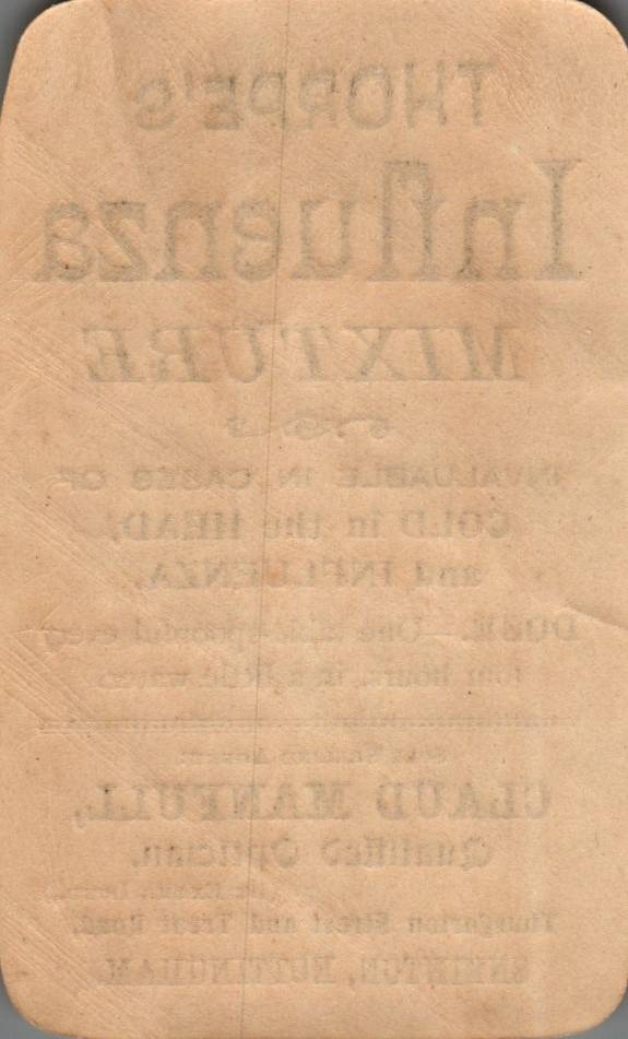 ANTIQUE THORPES INFLUENZA MIXTURE SNEINTON NOTTINGHAM CLAUD MANFULL BOTTLE LABEL