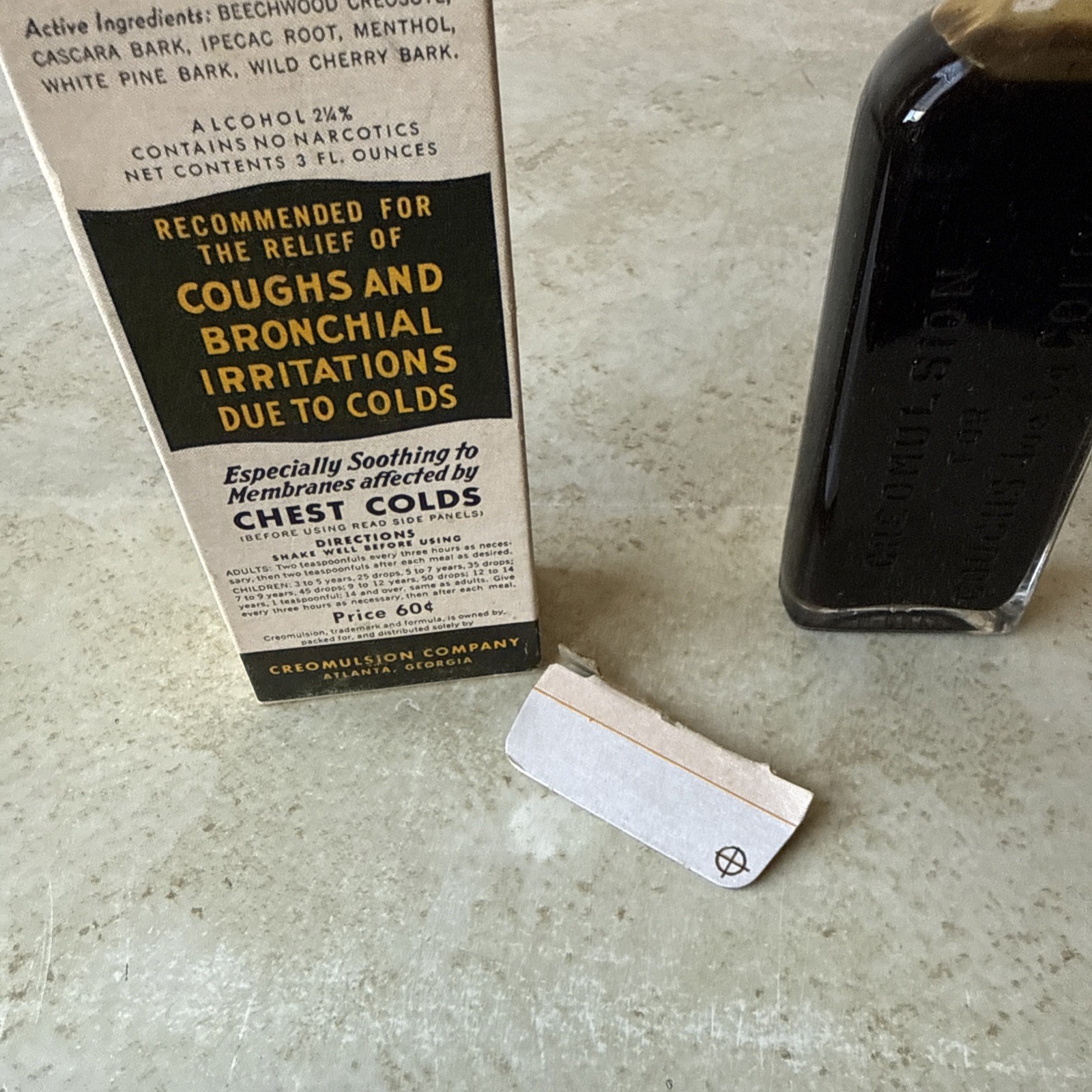 Vintage Creomulsion Coughs Bronchial Atlanta Ga 7 3/4 ” Medicine bottle Box