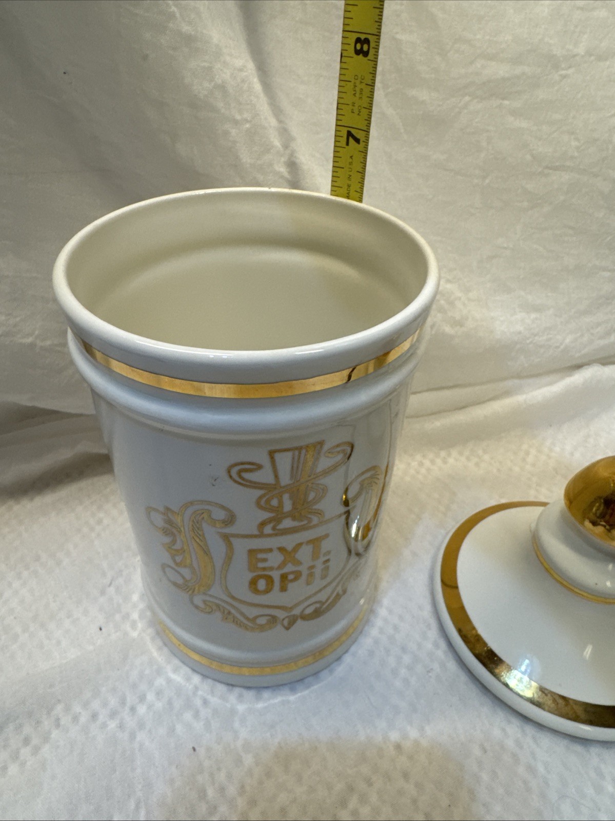 Vintage Pharmacy EXT OPii Canister Jar w/ Lid-Cream & Gold Trim-Owens Glass IL