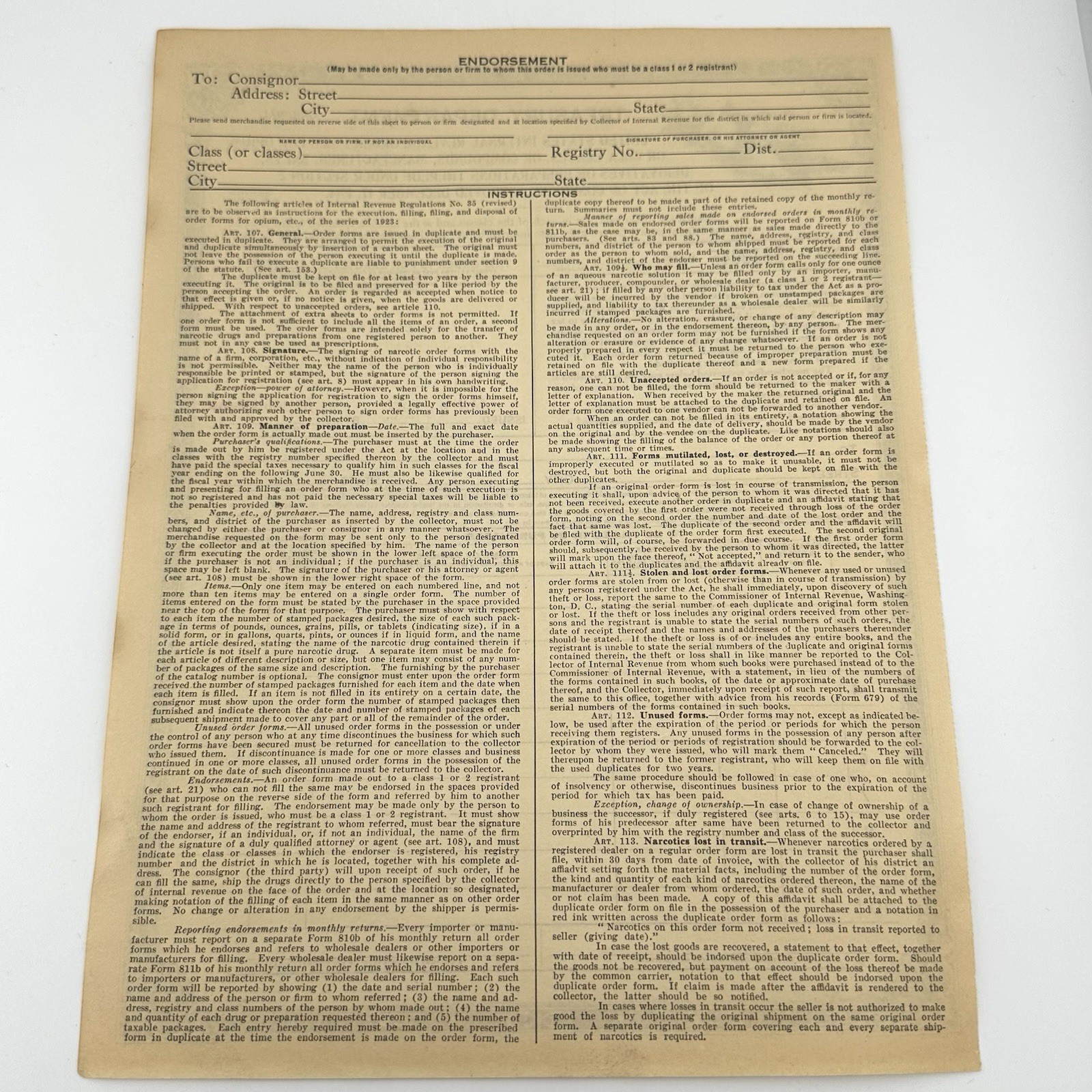 Vintage 1926 Treasury Department Opium Coca Leaves Order Form Philadelphia PA