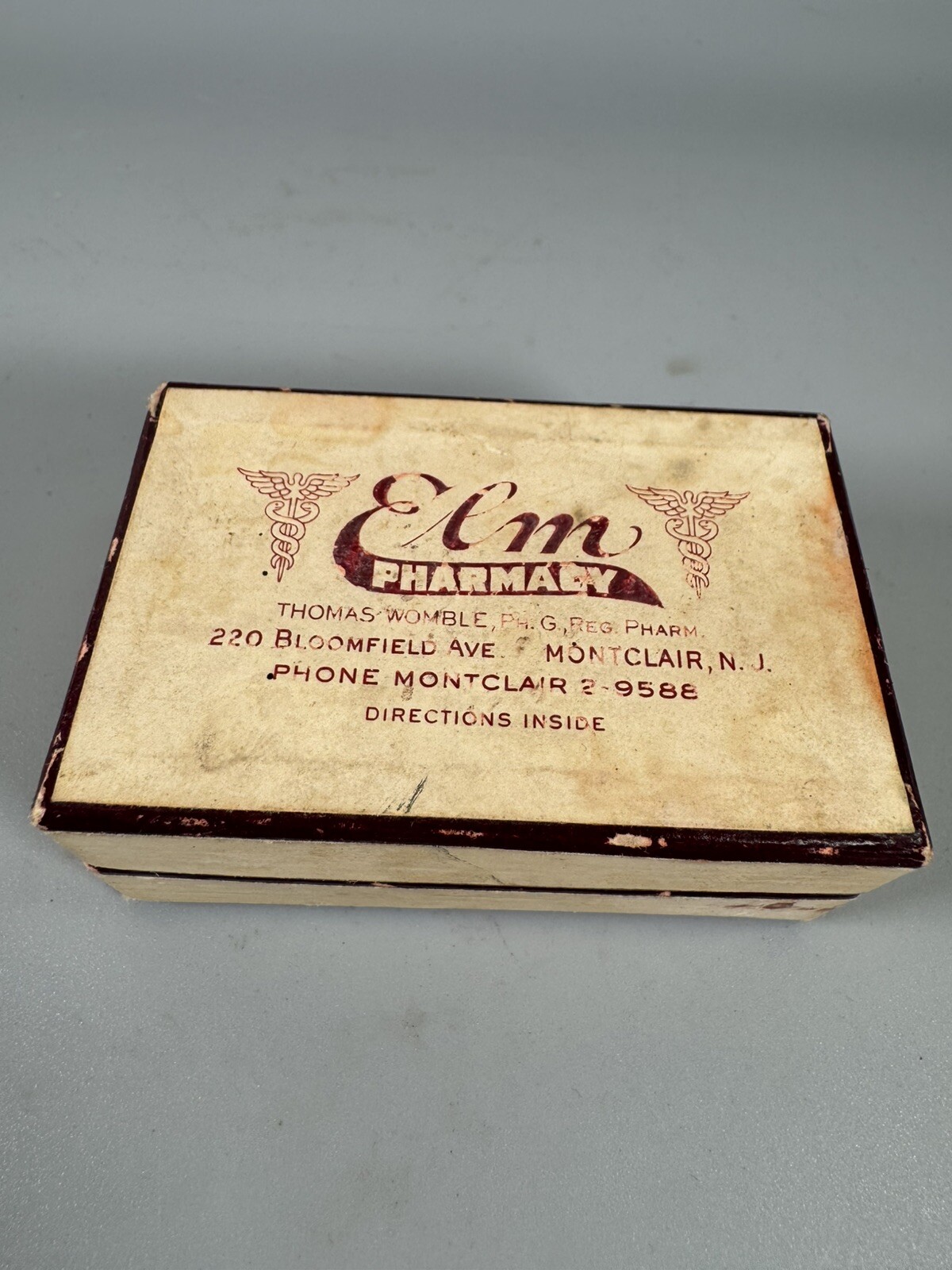 1952 Elm Pharmacy Pill Box Montclair NJ Vintage Prescription Ephemera