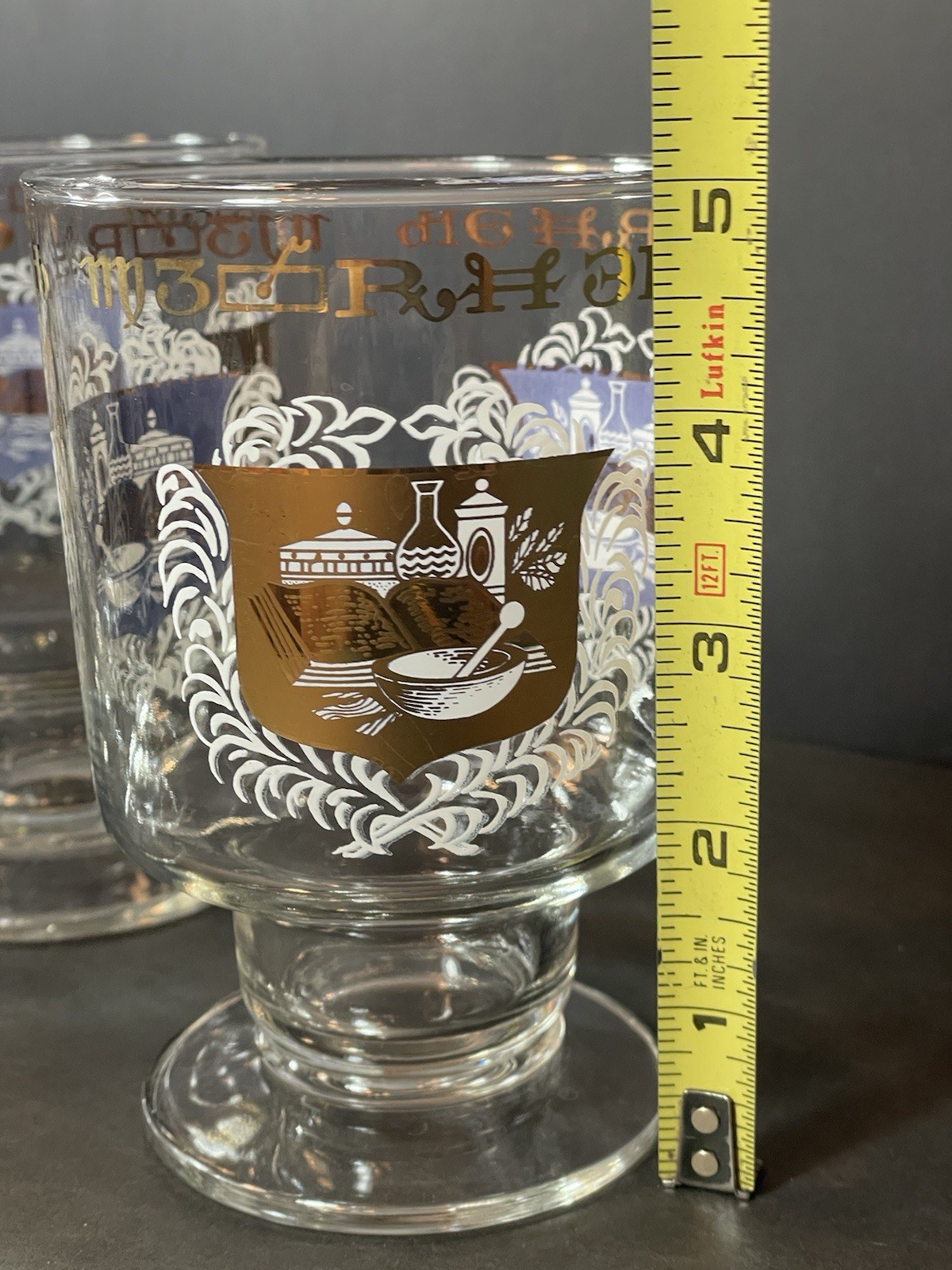 4 MCM Apothecary Pharmacy Medical Rx Gold Trim Footed Bar Drinking Glasses